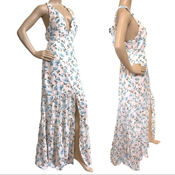 SOIEBLU WOMEN’S MAXI SLIT FLORAL RUFFLE HALTER V NECK PINK DRESS SIZE L - Picture 3 of 13